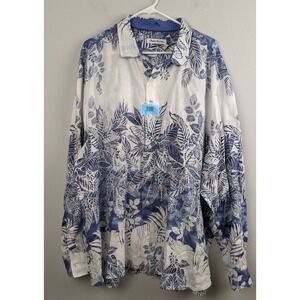 Tommy Bahama Linen Button Front Blue Floral Shirt Mens‎ Large Casual Beach